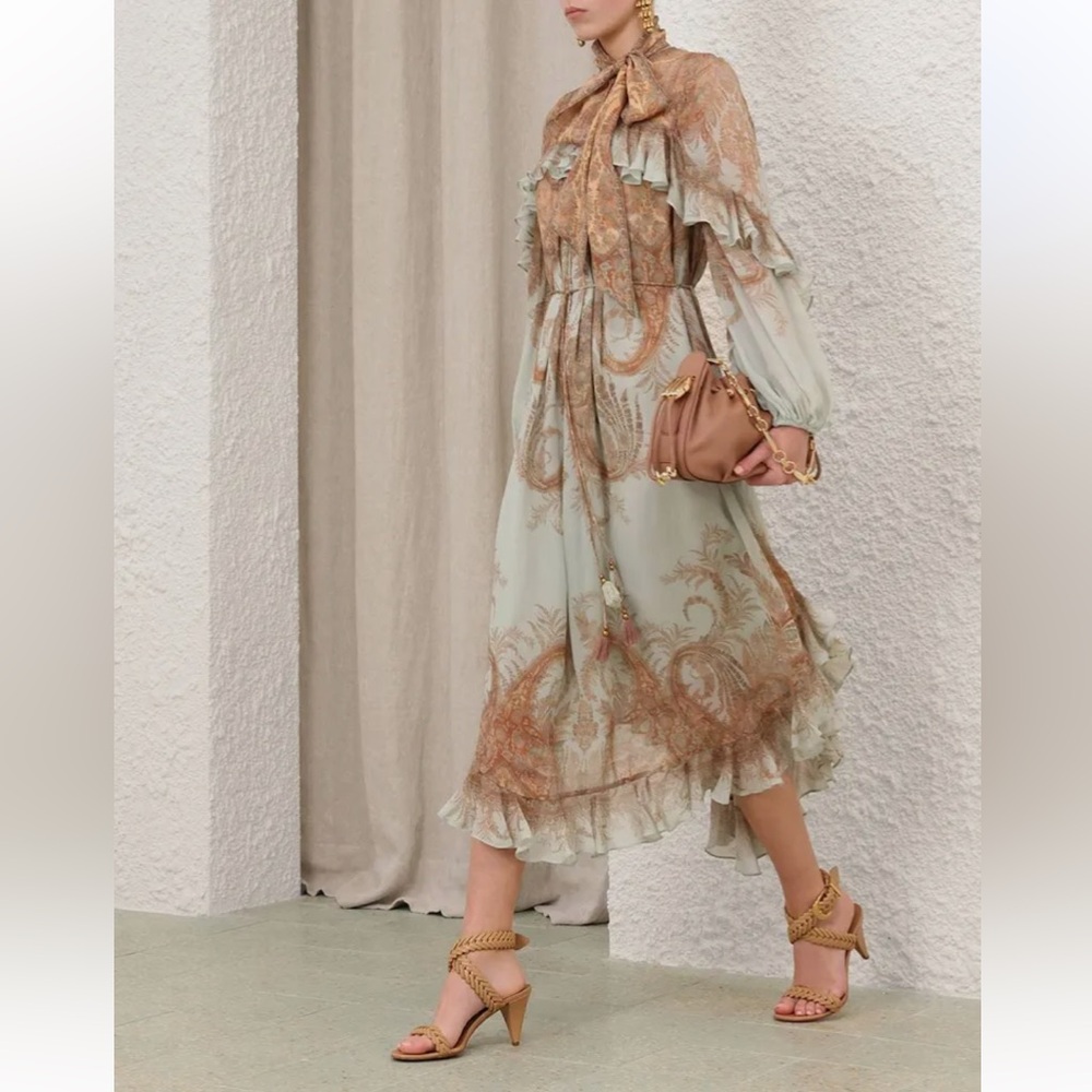 Zimmermann Memento Flutter Paisley Long Sleeves Midi Dress Mint Paisley AU2 US8